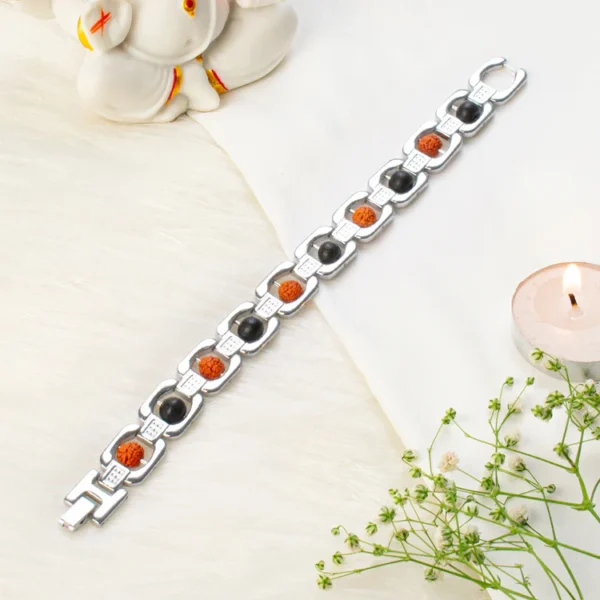 Metal Rudraksha and Karungali Bracelet - Silver
